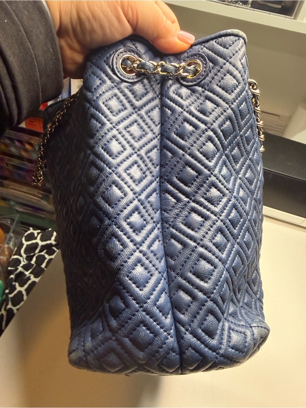 Tory Burch Quilted Tote with Gold Chain Handles in Navy Blue - Picture 3 of 7